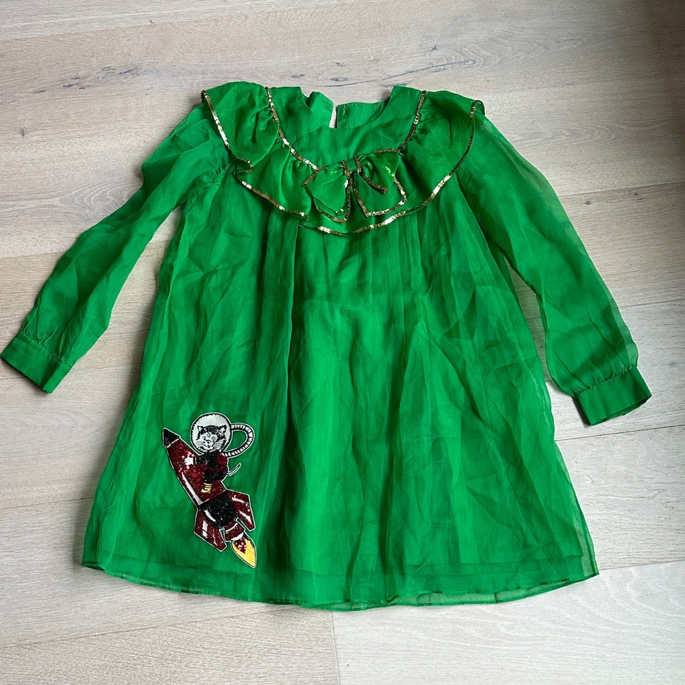 Gucci 100% silk Green Kids Cat Astronaut Patch dress sz 12